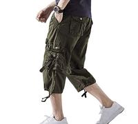 DONGD Mens Cargo Shorts Cotton 3/4 Loose Fit Below Knee Capri Cargo Short, Army Green, 36