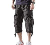 DONGD Mens Cargo Shorts Cotton 3/4 Loose Fit Below Knee Capri Cargo Short, Dark Grey, 32