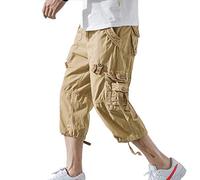 DONGD Mens Cargo Shorts Cotton 3/4 Loose Fit Below Knee Capri Cargo Short, Khaki, 34