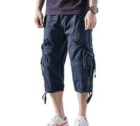 DONGD Mens Cargo Shorts Cotton 3/4 Loose Fit below Knee Capri Cargo Short, Navy Blue, 30