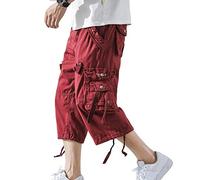 DONGD Mens Cargo Shorts Cotton 3/4 Loose Fit Below Knee Capri Cargo Short, Red Wine, 32