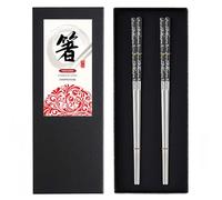 DONGDA 2 Pairs Metal Chopsticks Couple Set, Reusable 304 Stainless Steel Chopsticks, Dishwasher Safe Chop Sticks Laser Engraved, Premium Korean Japanese Chinese Chopstick Gift Set, Silver