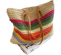 DONGLING Straw Bag, Beach Braid Large Capacity Shoulder Bags Fashion Casual Rainbow Color Matching For Women High Quality Summer Style(Light Khaki37x44x8cm)