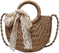 DONGLING Straw Bag, Beach Women Hand-Woven Handbag Moon Shape Lace Bow Rattan Big Capacity Drawstring Casual Shoulder Crossbody(Khaki2)
