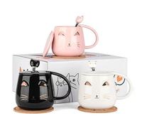 DONGSHANGIFT Cat Mugs Set of 3 Cute Ceramic with Lid, Spoon and Coaster - 14.25oz/405ml Coffee Mug for Women, Kids, Cat Lovers - Christmas Birthday Gift (Black, White and Pink)