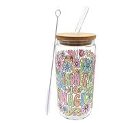 DONGSHANGIFT Kindness is Magic Daily Affirmation Glass Cup with Lid and Straw - 18oz Motivational Aesthetic Iced Coffee Cup - Double-Sided UV Print Can Shaped Glass - Positivity Gifts for Women
