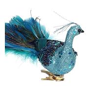 Dongzhi Glitter Peacocks Ornaments, Teal Blue Tree Decorations Clip- Birds, Handmade Craft for Baby Shower Decor, Garden Yard Art, Decoration, 10.6 inches