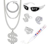 DONGZQAN 8PCS Soulja Boy Hip Hop Costume, 2000s Rapper Chain Costume, Gold Chain Dollar, 90s Fancy Dress Men, Hip Hop Costume, Hip Hop Ring, Hippie Glasses For Hippie Rapper Disco Outfit