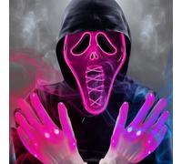 DONGZQAN Ghost Face Mask, Scream Led Mask With Multiple Light Modes, Light Up Mask, Boys Halloween Mak, Glow Mak & Gloves With Lights, Halloween Costumes for Men Adults Boys (Pink mask + gloves)
