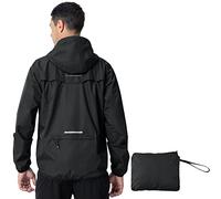 donhobo Men's Waterproof Jacket,Waterproof Rain Jackets Windbreaker Packable Hood Reflective Lightweight Quick Dry Raincoat with Zipper Pockets for Outdoor Cycling Traveling Black S