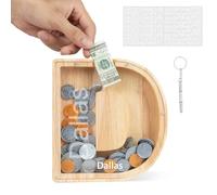 DONJIM Personalized Wooden Money Box, 7" Letter Piggy Bank, Clear Money Gift Box, Detachable Money Jar, with DIY Alphabet Stickers and Screwdriver, Alphabet D Money Tin