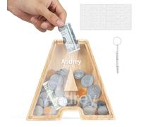 DONJIM Personalized Wooden Money Box, 7" Letter Piggy Bank, Clear Money Gift Box, Detachable Money Jar, with DIY Alphabet Stickers and Screwdriver, Alphabet A Money Tin