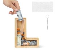 DONJIM Personalized Wooden Money Box, 7" Letter Piggy Bank, Clear Money Gift Box, Detachable Money Jar, with DIY Alphabet Stickers and Screwdriver, Alphabet L Money Tin