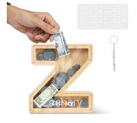 DONJIM Personalized Wooden Money Box, 7" Letter Piggy Bank, Clear Money Gift Box, Detachable Money Jar, with DIY Alphabet Stickers and Screwdriver, Alphabet Z Money Tin