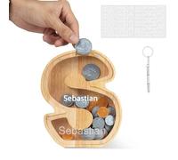 DONJIM Personalized Wooden Money Box, 7" Letter Piggy Bank, Clear Money Gift Box, Detachable Money Jar, with DIY Alphabet Stickers and Screwdriver, Alphabet S Money Tin