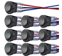 DONJON Illuminated Rocker Toggle Switch,10pcs Mini ON/OFF SPST switch with Pre-soldered 16AWG Wires,12V 20A/24V 10A Round Rocker Switch for car,Light,Truck,Machine,Boat,Motor,3 Pins 2 Positions(green)