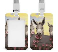 Donkey and Flower Badge Holder Vertical Name Tag Holder Waterproof ID Protector Cover with Durable Detachable Lanyard for Office Factory Teachers