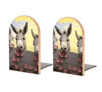 Donkey and Flower Bookend for Shelves Wooden Book End Sturdy Book Holders Stoppers with Metal Base for Bookshelves Slick Decorative Bookends Stands