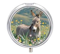 Donkey and Flower Pill Box - 3 Compartment Travel Pill Organizer with Small Mirror, Portable Pillcase for Pocket & Purse, Cute Round Medicine Case, Weekly Medicine Container
