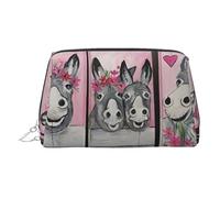 Donkey and Flower Print Leather Cosmetic Pouch, Leather Makeup Bag for Purse with Top Zip Closure Stylish Toiletry Bag