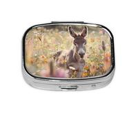Donkey and Flower Square Mini Pill Case, Compact Metal Pocket Pill Box with 2 Compartments for Travel