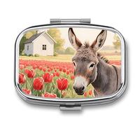 Donkey and Red Flower Pill Box Travel Pill Organizer with 2 Compartments, Weekly Pill Case with One Day Mirror, Medication Organizer for Purse, Pocket or