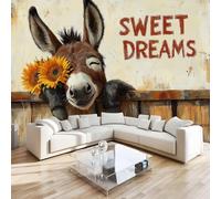 Donkey Animal Mural Wallpaper 3D Effect Chrysanthemum Countryside Non-Woven Self-Adhesive Wallpaper Removable Large Photo Sticker TV Background Wall Decor for Living Room Bedroom 200x140 cm