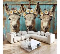 Donkey Animal Mural Wallpaper 3D Effect Daisy Plant Non-Woven Self-Adhesive Wallpaper Removable Large Photo Sticker TV Background Wall Decor for Living Room Bedroom 430x300 cm