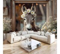 Donkey Animal Wall Mural 3D Effect Daisy Countryside Non-Woven Self-Adhesive Wallpaper Living Room Bedroom Home Decor TV Background Large Art Wall Painting 250x175 cm