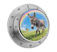 Donkey & Butterflies (Rainbow) Mechanical Kitchen Timer 60 Minute Wind Up Countdown Clock with Magnetic Back Loud Alarm Stainless Steel Manual Timer for Cooking Baking Classroom Home Gym