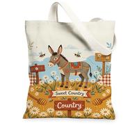 Donkey Canvas Tote Bag for Women, Country Rustic Chrysanthemum Bee Summer Yellow Washable Reusable Everyday Tote Bags Ideas, Yellow, 13x15 Inch