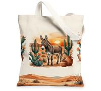 Donkey Canvas Tote Bag for Women, Desert Bohemian Cactus Sunset Summer Orange Washable Reusable Graphic Tote Bag Ideas for, Orange, 13x15 Inch