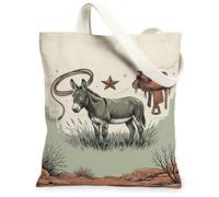 Donkey Canvas Tote Bag for Women, Western Rustic Lasso Star Summer Green Washable Reusable Small Tote Bag Ideas for Family, Green, 13x15 Inch