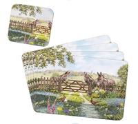 Donkey Farm Placemats & Coasters, 4 Each, Cork Backed | Set of 4 cork-backed placemats and 4 coasters with donkey farm design, wipe-clean surface, heat resistant to 90°C