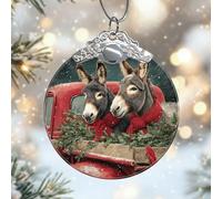 Donkey Glass Christmas Ornaments, Xmas Rustic Red Truck Holly Red Gift Hanging Decorations Exchange Decor for Fireplace Living Room Office Shop Window 3x3 Inch