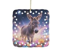 Donkey in Magic Blooms Ceramic Christmas Ornament Xmas Tree Hanging Pendant Double Sided Pattern Festive Square Ornament Holiday Home Party Decoration Gifts
