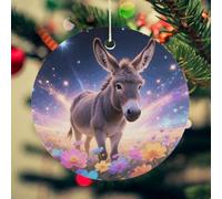 Donkey in Magic Blooms Christmas Ceramic Ornaments with Gold String - 2.8 Inch Round Double-Sided Porcelain Xmas Tree Decor for Fireplace Mantel, Farmhouse Winter Holiday Hanging Ornaments