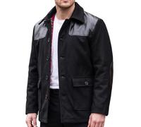 Donkey Jacket Wool Blend Tartan Lined Smart MOD Retro Work Coat Black | Classic British heavyweight wool blend Mens winter jacket with heritage tartan lining, PVC leather patches, and deep pockets