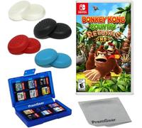 Donkey Kong Country Returns HD for Nintendo Switch (US Version), with PremGear Thumb Grips (8 pack - Black, Blue, Red & Clear), 24 Slot Game Card Holder & Cleaning Cloth