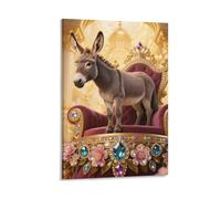 Donkey on Gem Throne Canvas Wall Art Country Botanical Wall Decor Floral Meadow Nature Painting Rustic Farmhouse Poster Print for Living Room Bedroom Bathroom Office 08x12inch(20x30cm)