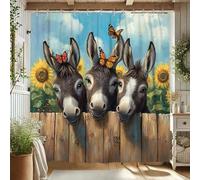 Donkey Shower Curtain, Colorful Farm Animal Decor with Butterflies and Sunflowers, Rustic Bathroom Accessories for Spring Summer, Waterproof Fabric Shower Curtain Set with Hooks 72x72 Inch