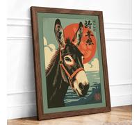 Donkey with Rising Sun Japandi Framed Wall Art Print A3 (42×29.7cm) Walnut, Wall Decor for Living Room, Bedroom, Office & Home, Ready to Hang, Art Gift