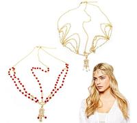 DonLeeving 2 Pcs Bridal Head Chain Vintage Layered Head Chain Bead Pendant Headpieces Forehead Band Hair Accessories for Women and Girls (Gold & Red)
