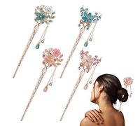 DonLeeving 4 Pack White Rhinestone Flower Hair Clip for Buns, Chinese Flower Hair Chopsticks, Vintage Tassel Hair Stick Styling, Girls's Gifts Accessories for Women and Girls Long Hairs