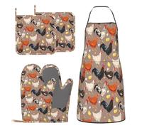 DONMYER Chicken Oven Mitts and Pot Holders with Apron Set of 5 Silicone Breeds of Chicken Kitchen Mitts and Non-Slip Potholders Apron Set Heat Resistant Funny Rooster Hen Chicken Oven Gloves Hot Pads