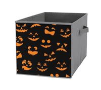 Donnapink 1 PC Square Oxford Cloth Storage Basket Bin Foldable Organizer with Handles, Clothes Bucket Waterproof Laundry Hamper 10.6"x10.6"x10.6" Print Halloween Orange Pumpkins Carved Faces On Black