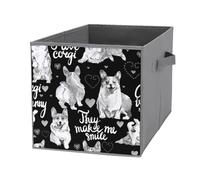 Donnapink 1 PC Square Oxford Cloth Storage Basket Bin Foldable Organizer with Handles, Clothes Bucket Waterproof Laundry Hamper 10.6"x10.6"x10.6" Print Welsh Corgi Dog with Hearts Seamless