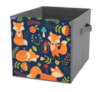 Donnapink 1 PC Square PU Leather Storage Basket Bin Foldable Organizer with Handles, Clothes Bucket Waterproof Laundry Hamper 10.6"x10.6"x10.6" Print Orange Foxes with Herbs Flowers on Dark Purple