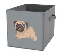 Donnapink 1 PC Square PU Leather Storage Basket Bin Foldable Organizer with Handles, Clothes Bucket Waterproof Laundry Hamper 10.6"x10.6"x10.6" Print Pug Dog Isolated on Grey