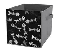 Donnapink 1 PC Square PU Leather Storage Basket Bin Foldable Organizer with Handles, Clothes Bucket Waterproof Laundry Hamper 10.6"x10.6"x10.6" Print Great Fish Skeletons Seamless On Black